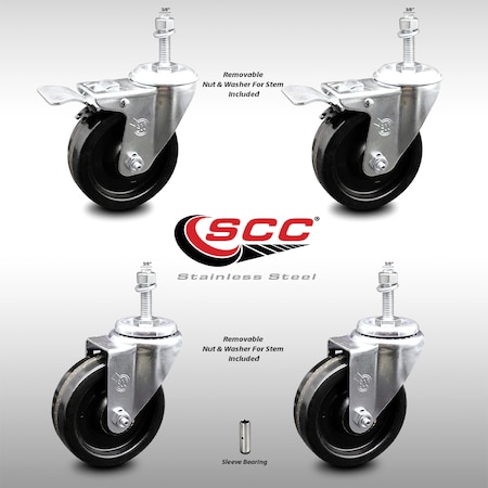 Service Caster 4 Inch SS Phenolic Swivel 3/8 Inch Threaded Stem Caster Total Lock Brake, 2PK SCC-SSTSTTL20S414-PHS-381615-2-S-2
